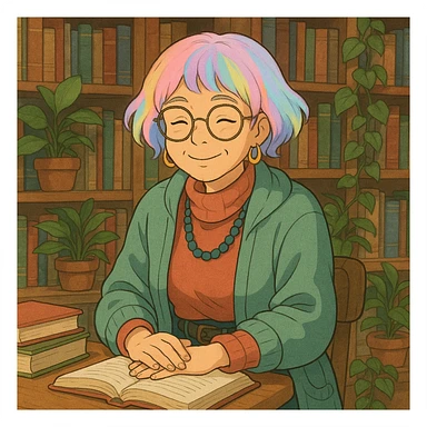 Gen Z librarian granny with pastel hair, hip clothing, surrounded by books and plants, warm expression, ghibli style sticker