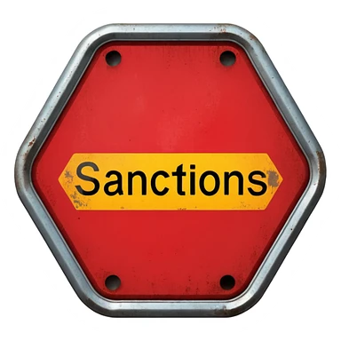 red, road sign, hexagonal, with the inscription SANCTIONS sticker