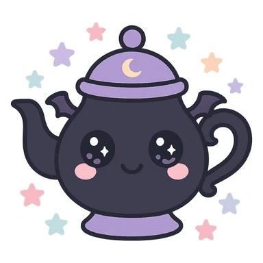 kawaii style magical gothic teapot, cute face, black and purple colors, sparkling eyes, tiny bat wings, surrounded by pastel stars, enchanting and whimsical sticker