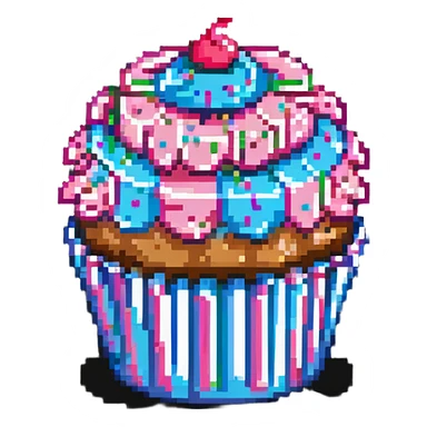 giant cupcake with pink icing and colorful sprinkles, striped cupcake wrapper, pixel art style sticker