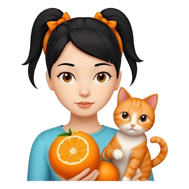 A black haired girl with a high ponytail holding an orange cat sticker