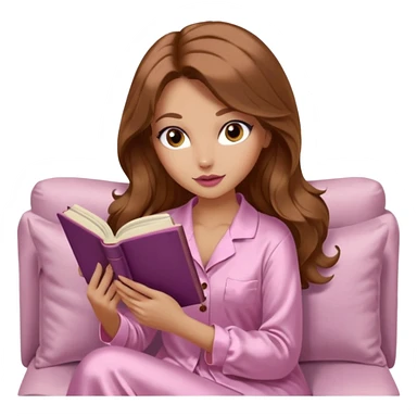 Woman with light tanned skin reading a book on Beige sofa. Long wavy medium brown hair. Beige ivory colour background. Very pale pink silk pyjamas. Realistic. Foxeye with long lashes. Pinky mauve lips. sticker