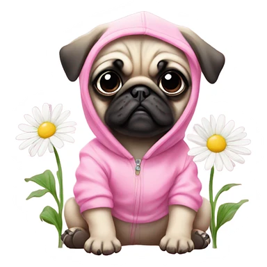 Cute Baby Pug with pink eyes wearing a pink hoodie eating daisy's  sticker