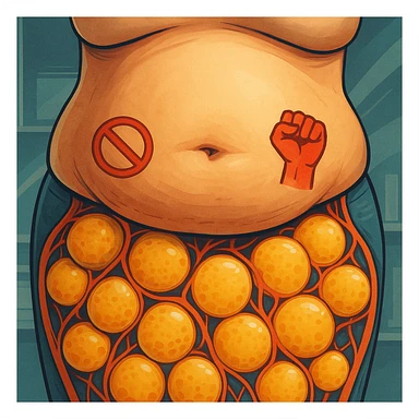 realistic belly with stubborn adipocytes, modern illustrative style, vivid colors, educational atmosphere, resistance symbols sticker