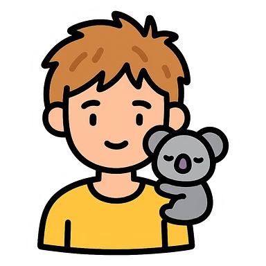 light brown messy haired boy with a very small sleepy koala on his shoulder, color outline icon sticker