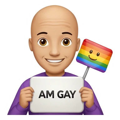 bald guy holding sign that says "am gay" sticker