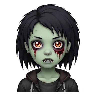 girl, zombie, black coily hair, medium long, emo, shaggy, dark, spooky, piercing on eyebrow, creepy blank expression sticker