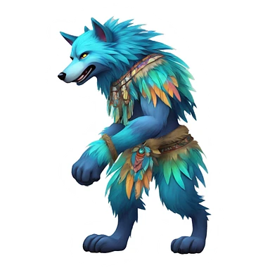 Fluffy Colorful Shy Spiritual Shamanic WereWolf With Shiny Tribal Markings wearing feathers Full Body sticker