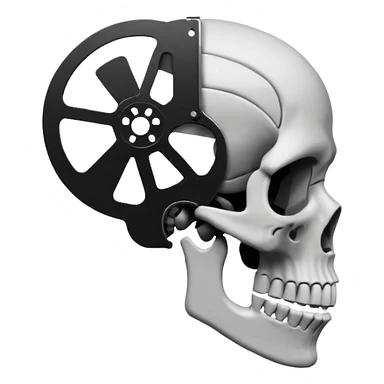 Minimalist emoji-style sticker of a human skull in profile, with a film reel replacing the brain. Grayscale icon with bold silhouette.
 sticker