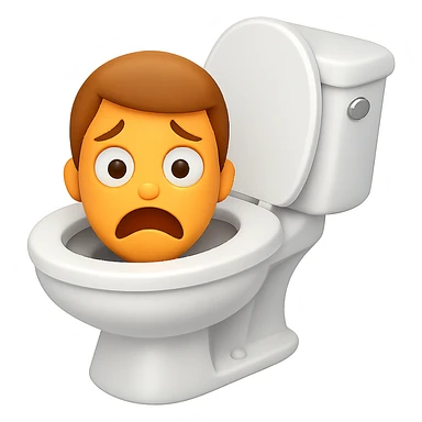 Create an image in the style of apple emojis of a toilet with a cartoonish, exaggerated head emerging from the bowl, looking scared with raised eyebrows and frowning mouth. Use a transparent background. sticker