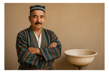 uzbek sartaroshi qo'lini qovushtirib turibdi yon taraf sal pastroq rakusdan sticker