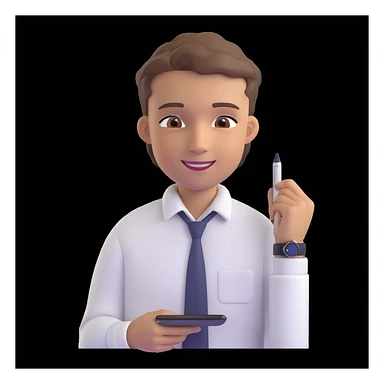 apple-style 3D emoji avatar of a fair, handsome young man with light brown hair, brown eyes, bright smile, wearing white button-up shirt, digital pen behind one ear, smartwatch, creative tech-savvy vibe, dark background sticker