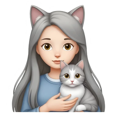 longhair girl holding a grey white cat sticker