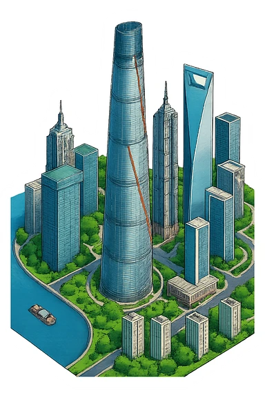 Изометричная, яркая, детализированная, объемная и фотореалистичная иллюстрация башни Shanghai Tower. В стиле 3D-коллажей городов, насыщенные цвета, аккуратные и чёткие линии, мультяшно-реалистичная стилистика. Чёткие контуры, не размазанные линии, высокое качество, прозрачный фон, не обрезать края картинки sticker