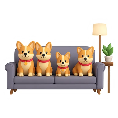 Change the dog family to a corgi breed, keep the bright family room scene, in the style of 3D emoji style, with no background. sticker