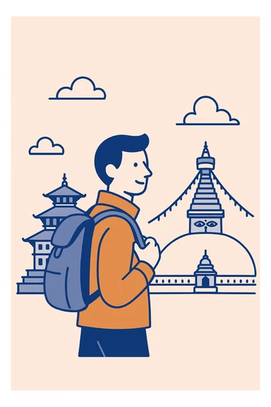 minimalist design of a man in an orange jacket with a backpack, exploring a famous cultural site in Kathmandu, Nepal, with iconic Kathmandu architecture in the background, city tour vibe sticker