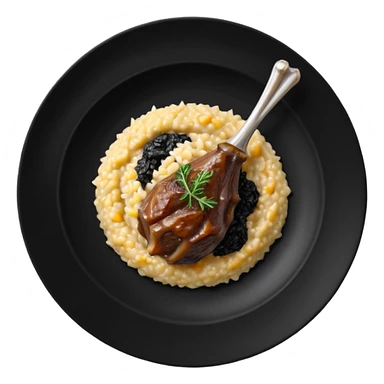 Lamb Shanks with Risotto Nero on a black plate, top view sticker