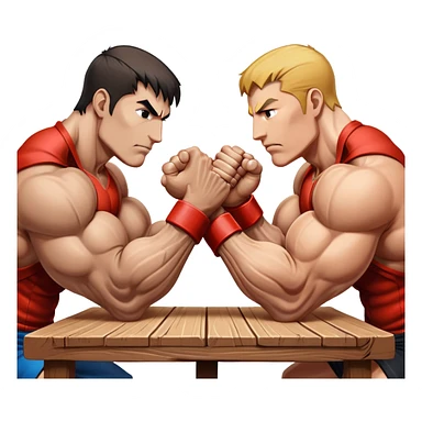 Two powerful arms locked in an intense arm wrestling competition. One arm is strong and steady, while the other strains to push back. The background shows a simple table with a focus on the clash of strength and determination. Transparent background. sticker