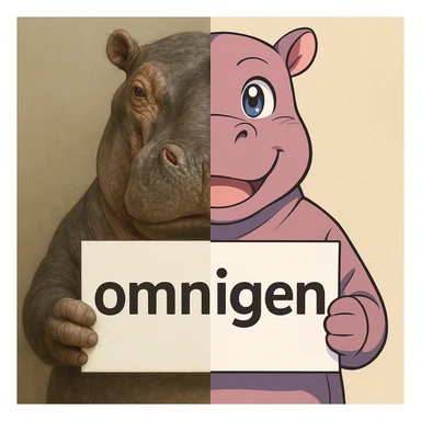 a hippo holding sign of omnigen, half picture hippo is realistic another hald is the anime of that same hippo sticker