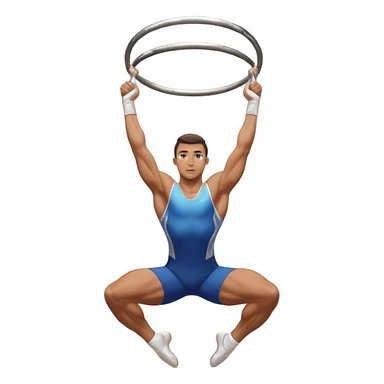 A professional male gymnast performing an impressive move on rings, showcasing strength and flexibility. The athlete is suspended in mid-air, muscles tensed, with focus and precision. The background features a clean, well-lit gym with equipment and a cheering audience. sticker
