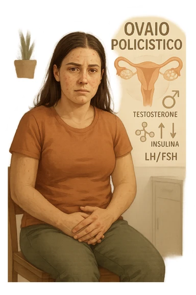Donna tra i 25 e i 35 anni, con espressione stanca ma determinata, seduta in uno studio medico o nella sua stanza, con mani sul basso ventre. Sullo sfondo un diagramma trasparente o fluttuante di ovaie con cisti multiple, ormoni stilizzati in disequilibrio (testosterone, insulina, LH/FSH). Leggeri segni visivi di sintomi tipici: acne sul viso, lieve aumento di peso, capelli leggermente diradati in zona frontale. Ambiente realistico ma con elementi educativi e simbolici. Toni tenui ma caldi, stile empatico e informativo. in italiano sticker