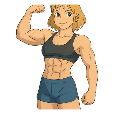 full body pose of a muscular white girl with blonde hair and green eyes, flexing 6 pack abs and one arm bicep sticker