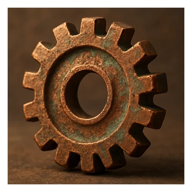 copper gear with a weathered surface, detailed highlights, and a hint of green patina sticker