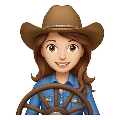 ["Light-skinned cowgirl, brown hair, wearing a cowboy hat, holding the wheel."] sticker