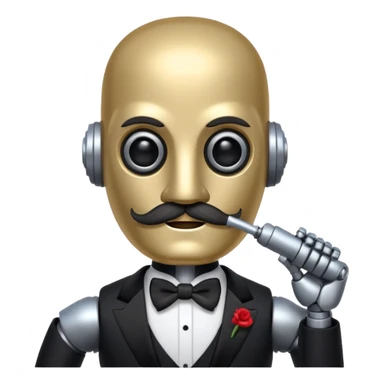 Robot with a cylindrical head, handlebar moustache, no pupils, wearing a tuxedo, buff sticker