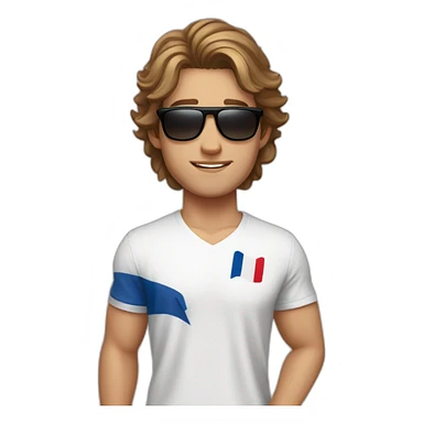 A young fit man with a white shirt and sunglasses on his hair with brown hair and a French flag in his hand sticker