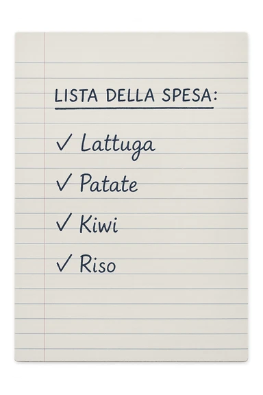 FOGLIO DI CARTA A RIGHE CON LISTA DELLA SPESA SCRITTA A PENNA:
"LISTA DELLA SPESA:
- Lattuga
- Patate
- Kiwi
- Riso", iperealistico 4k sticker