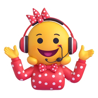 3D smiley emoji, large eyelashes, red polka dot bow, wearing headphones, smiling, waving with one hand, floating musical notes beside, cute style sticker