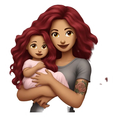 Beautiful tattooed burgundy long haired woman holding a baby sticker