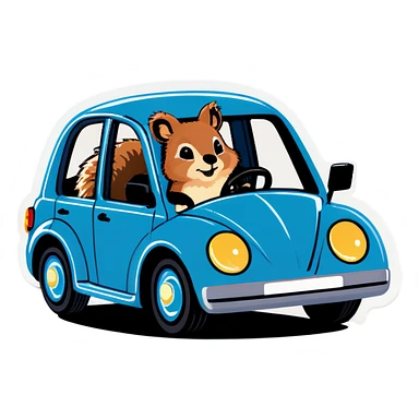 Quokka in a car with a squirrel driving sticker