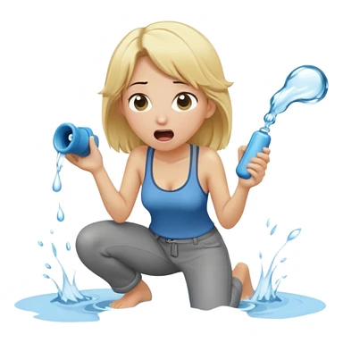 cartoonish blond woman kneeling, surprised expression, wide cartoonish stick with a D-shaped knob coming out of a pair of pants hanging in front of her face, water stream squirting from the flat side of the knob into her open mouth sticker