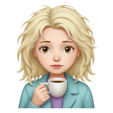 tired woman with dark circles under eyes holding a coffee cup, messy hair, soft pastel emoji style, calm neutral background sticker
