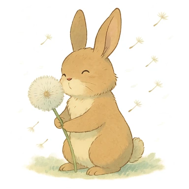 bunny holding a dandelion in the breeze, gentle spring vibe, soft pastel colors, transparent background, ghibli style sticker