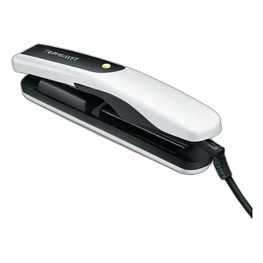 white hair straightener with black cord sticker