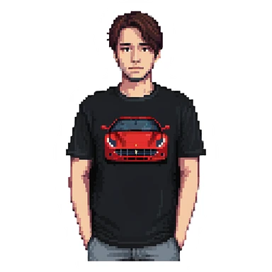 depressed man wearing a Ferrari t-shirt sticker