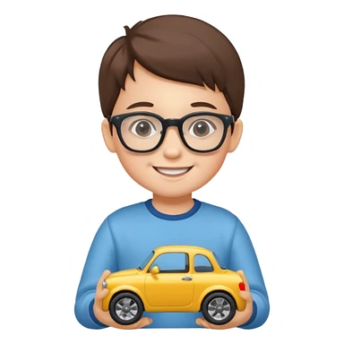 The child with glasses → is holding a toy car sticker