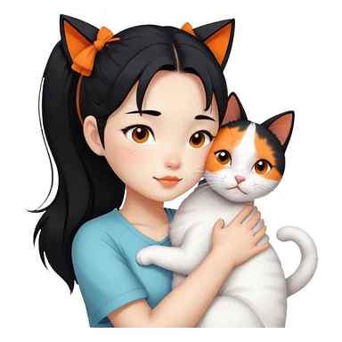 East Asian girl with high ponytail black hair hugging a predominantly white cat with orange patches, sweet and gentle, cute facial expressions sticker