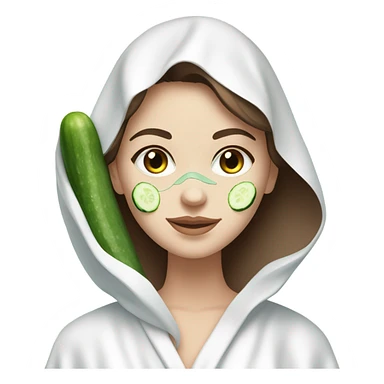 White girl with Brown hair and blue eyes wears a Green colored skincare clay textured mask and puts on cucumbers around her eyes while She relaxes in her white Robe sticker