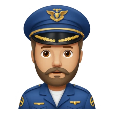 Middle-age, beard, wearing pilot uniform include hat, irritate attitude sticker