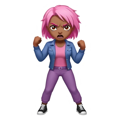full body angry feminist with half bald head and half pink hair, extremely angry facial expression, fists clenched, aggressive stance sticker
