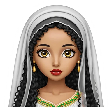 Ethiopian, pretty features, pretty lips, Ethiopian clothes, veil, medium skin, long black curly hair, pretty bratz baddie, black eyeliner sticker