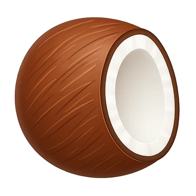 Create a coconut emoji that looks exactly like the reference image in the style of iOS emojis. The emoji should have a 3D appearance with shiny, smooth gradients, soft shadows, and a realistic coconut texture, capturing the classic emoji look. Add a glossy effect to the shell. sticker
