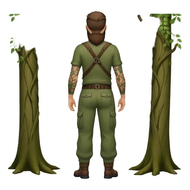 full body ranger style man, medium beard, from behind, low waist forest trousers, vine tattoos across back sticker
