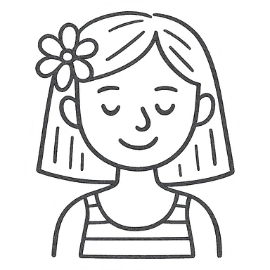 girl with straight hair, flower in hair, summer hand-drawn style outlined icon sticker