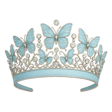 butterfly crown with a pastel blue base, butterflies in light blue enamel, sparkling gems sticker