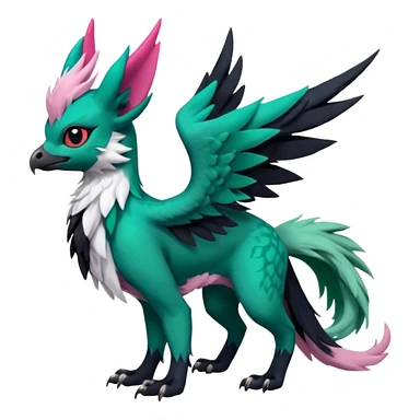 Dark-deep-Emerald-green gryphon-Trico-Nargacuga-Absol-Leafeon-Sprigatito-fusion-hybrid with a long tufted tail, black beak, pink accents, black claws, black tail, majestic, realistic, furry (full body) sticker